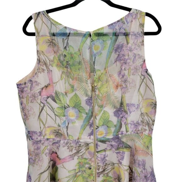 Julian Taylor Retro 60's Sheer Hummingbird Floral Fit & Flare Dress Pink Sz 14 - Picture 10 of 14